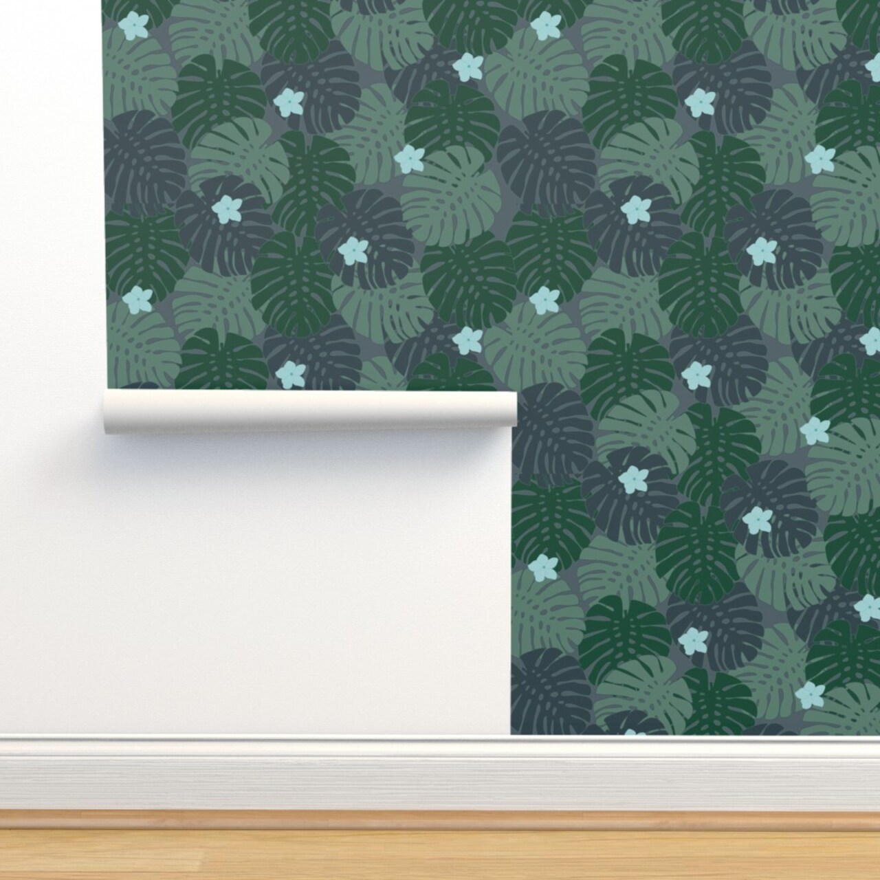 Green Beach Tropical Hawaii Moody Rainforest Cool Tone Jungle Plants Botanical Floral Leaves Large Scale Custom Pre-pasted Wallpaper by Spoonflower Pre-Pasted Wallpaper 2FT Wide